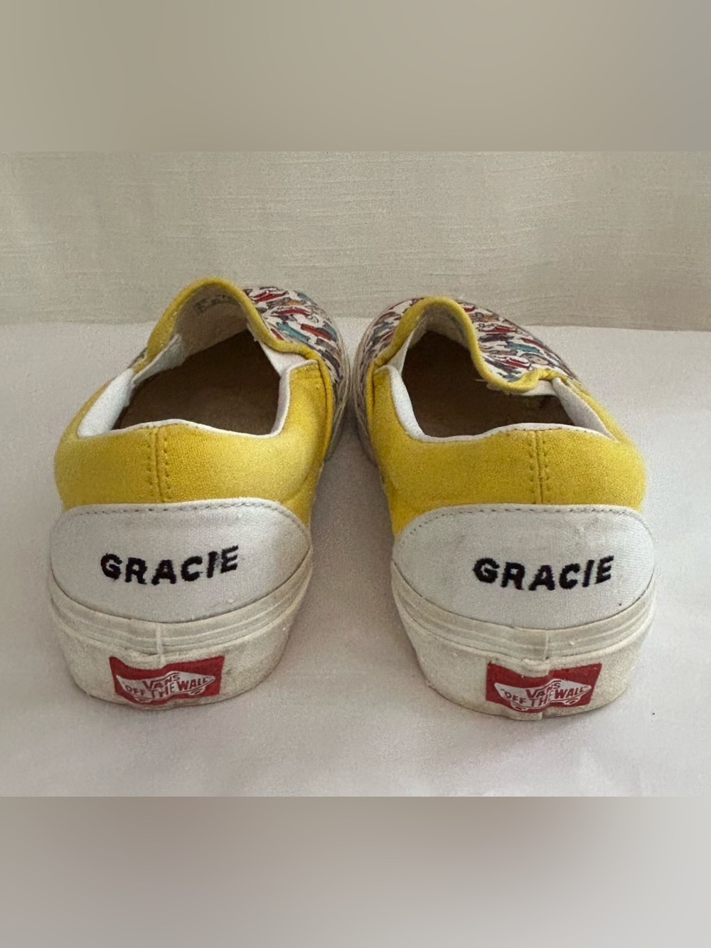 Vans Custom Dog and Cat Slip-On Shoes in White with Yellow Trim - Picture 7 of 8